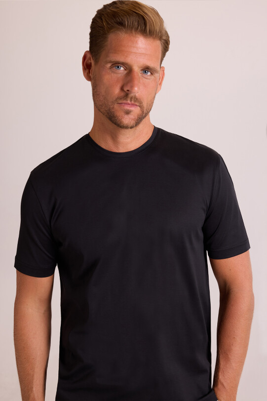 Erkek Siyah Regular Fit Merserize Pamuk T-Shirt