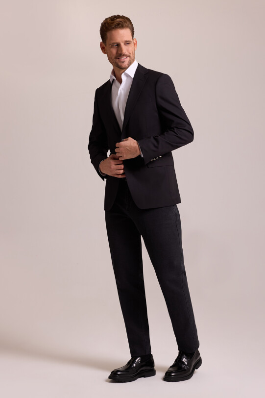 Erkek Siyah Regular Fit Mono Yaka Likralı Blazer Ceket