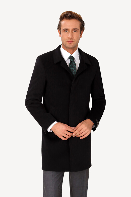 Erkek Siyah Regular Fit Mono Yaka Kaşmir Palto