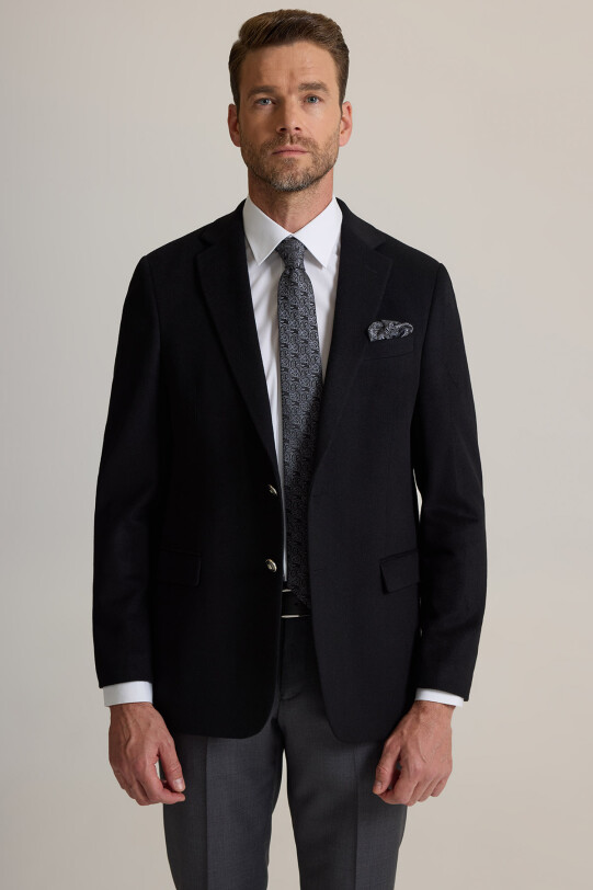 Erkek Siyah Regular Fit Mono Yaka Puntolu Yün-Kaşmir Karışımlı Blazer Ceket - YSF