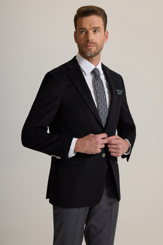 Erkek Siyah Regular Fit Mono Yaka Puntolu Yün-Kaşmir Karışımlı Blazer Ceket
