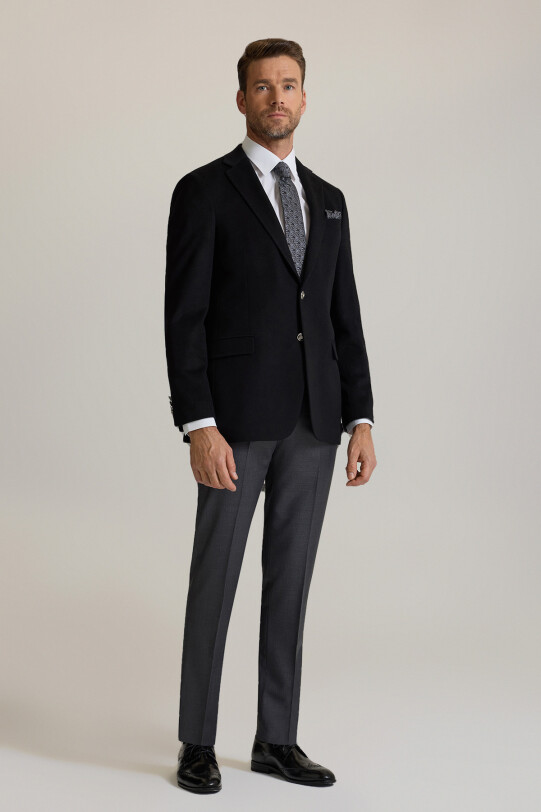 Erkek Siyah Regular Fit Mono Yaka Puntolu Yün-Kaşmir Karışımlı Blazer Ceket