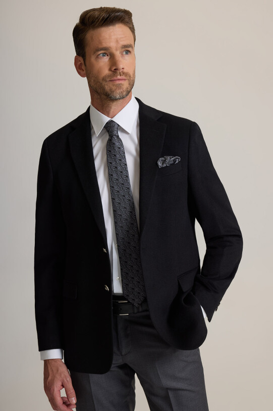 Erkek Siyah Regular Fit Mono Yaka Puntolu Yün-Kaşmir Karışımlı Blazer Ceket