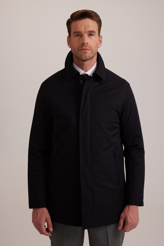 Erkek Siyah Regular Fit Yan Cep Fermuarlı Kaban