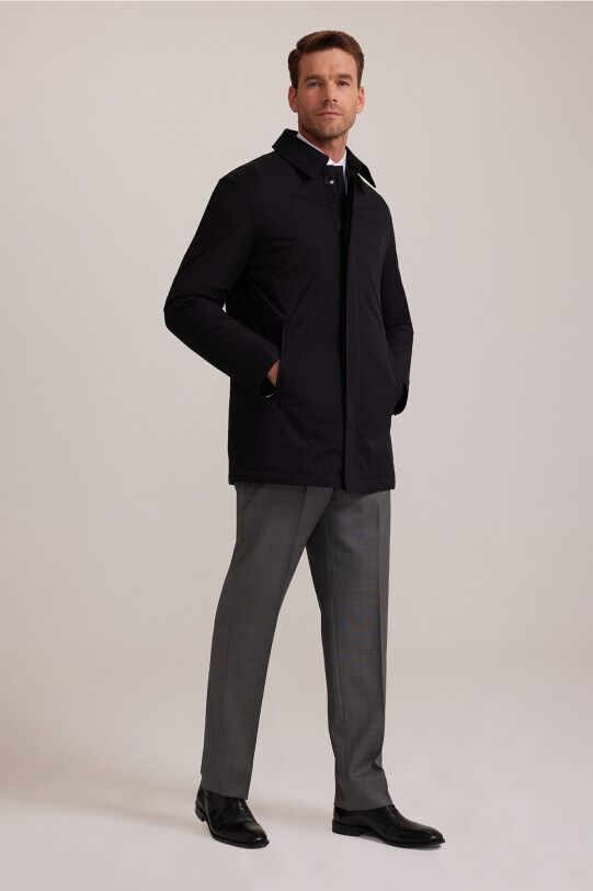 Erkek Siyah Regular Fit Yan Cep Fermuarlı Kaban