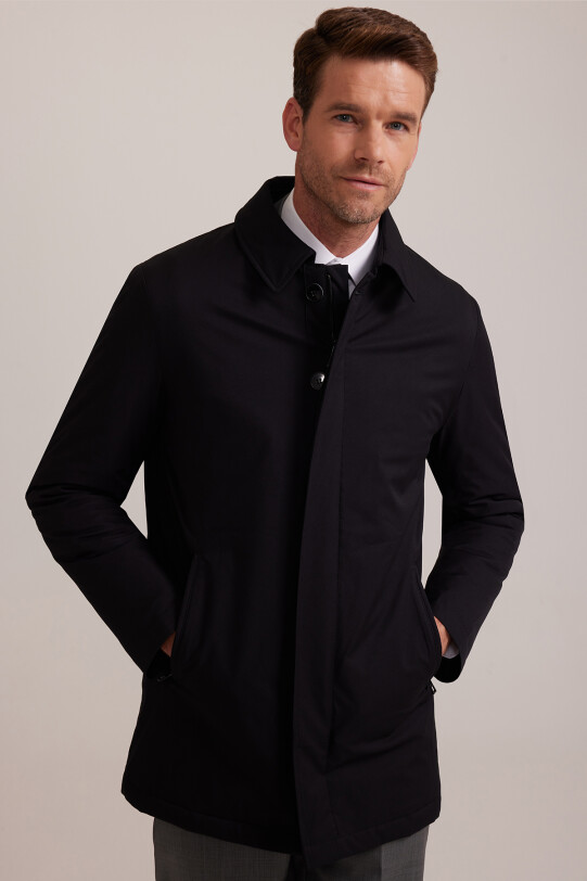 Erkek Siyah Regular Fit Yan Cep Fermuarlı Kaban