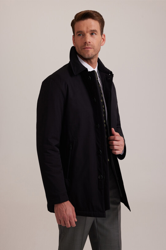 Erkek Siyah Regular Fit Yan Cep Fermuarlı Kaban