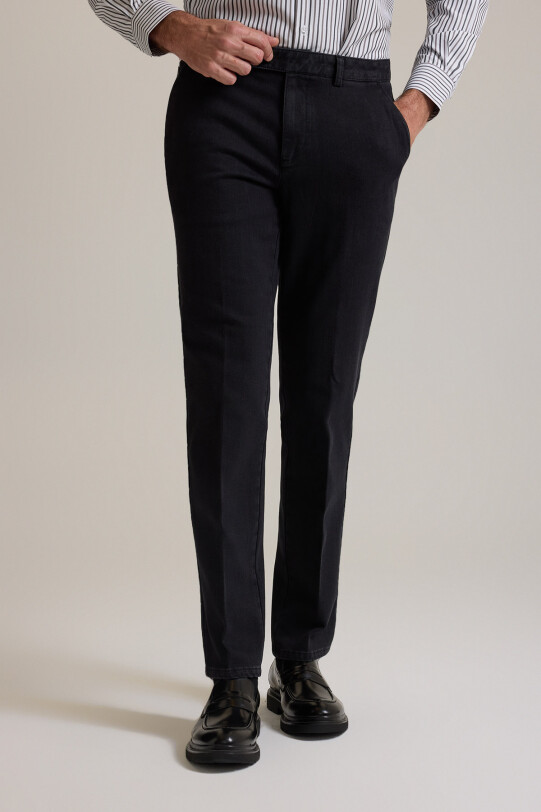 Erkek Siyah Regular Fit Yan Cepli Kot Pantolon