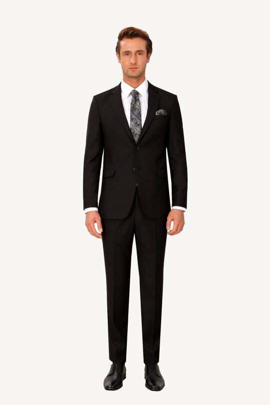 Erkek Siyah Regular Fit Yünlü Takım Elbise