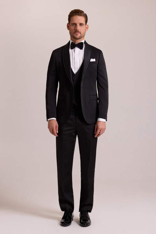 Erkek Siyah Şal Yaka Yelekli Slim Fit Damatlık