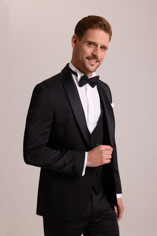 Erkek Siyah Şal Yaka Yelekli Slim Fit Damatlık