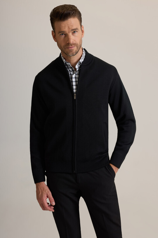 Erkek Siyah Sıfır Yaka İçi Astarlı Fermuarlı Triko Hırka