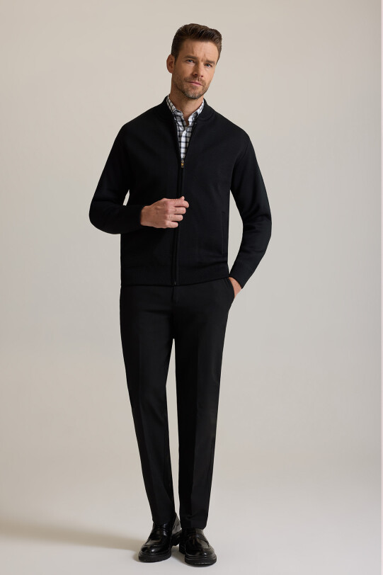 Erkek Siyah Sıfır Yaka İçi Astarlı Fermuarlı Triko Hırka