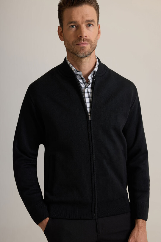 Erkek Siyah Sıfır Yaka İçi Astarlı Fermuarlı Triko Hırka