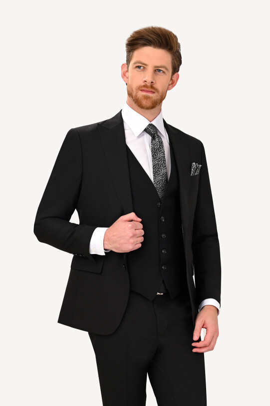 Erkek Siyah Sivri Yaka Yelekli Slim Fit Takım Elbise