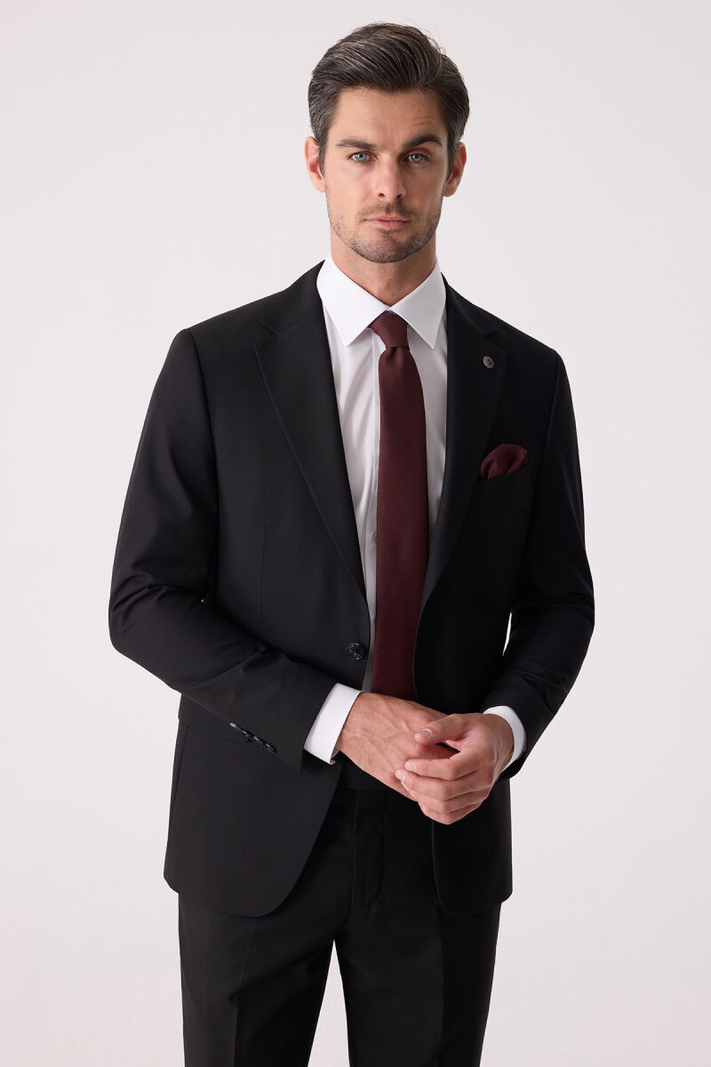 Erkek Siyah Slim Fit %100 Yün Takım Elbise - 3