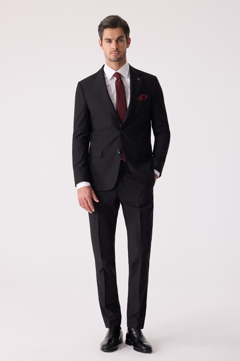 Erkek Siyah Slim Fit %100 Yün Takım Elbise - 5