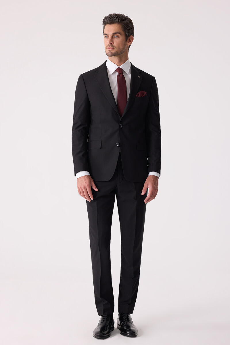 Erkek Siyah Slim Fit %100 Yün Takım Elbise - 6