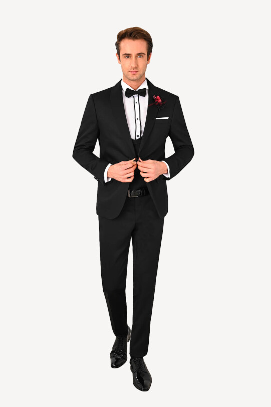 Erkek Siyah Slim Fit Çıkma Şalyaka Damatlık