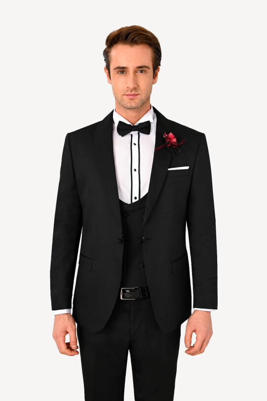 Erkek Siyah Slim Fit Çıkma Şalyaka Damatlık
