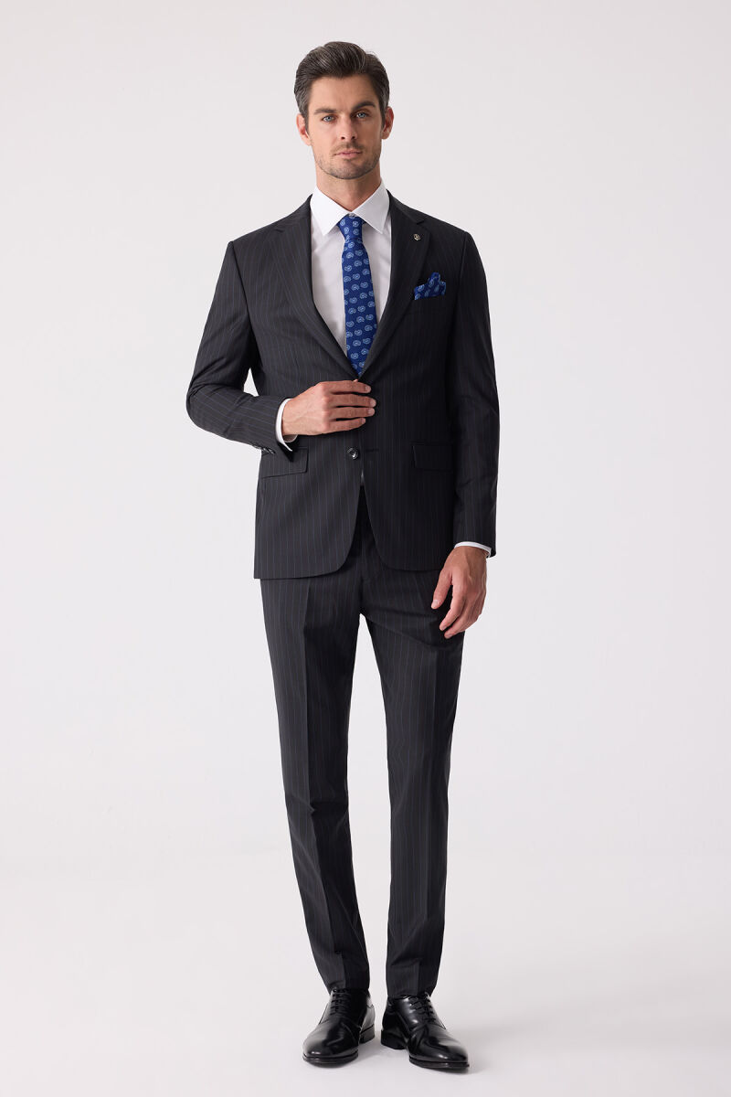 Erkek Siyah Slim Fit Çizgili %100 Yün Takım Elbise - 2