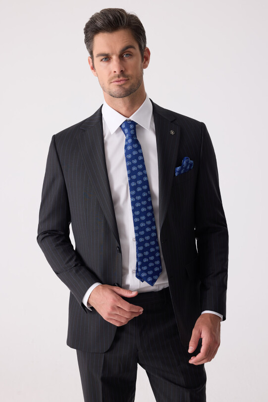 Erkek Siyah Slim Fit Çizgili %100 Yün Takım Elbise