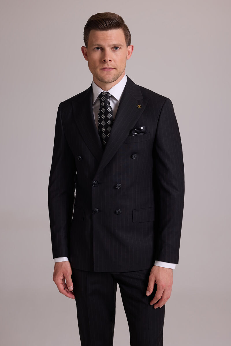 Erkek Siyah Slim Fit Çizgili Kruvaze Yün Takım Elbise - 1
