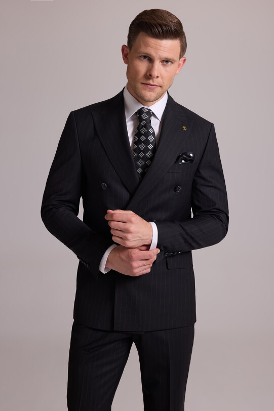 Erkek Siyah Slim Fit Çizgili Kruvaze Yün Takım Elbise