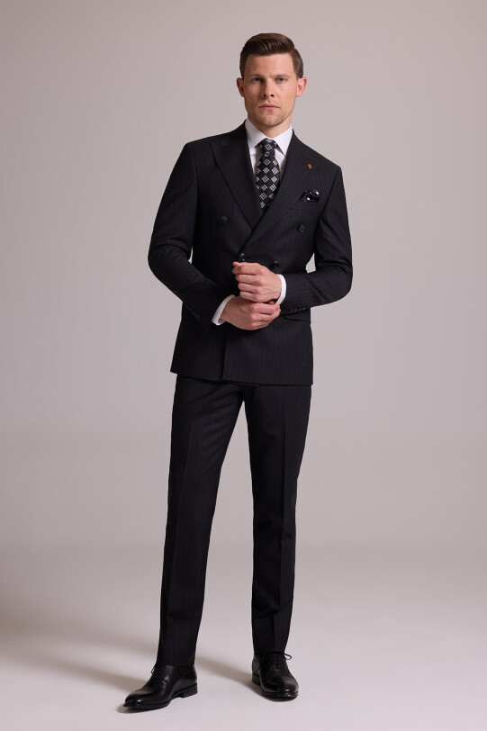 Erkek Siyah Slim Fit Çizgili Kruvaze Yün Takım Elbise