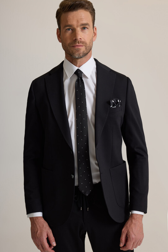 Erkek Siyah Slim Fit Geniş Mono Yaka Jogger Pantolonlu Takım Elbise