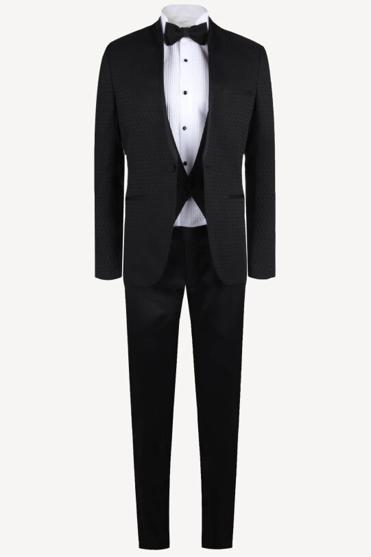 Erkek Siyah Slim Fit Hakim Yaka Yelekli Desenli Damatlık