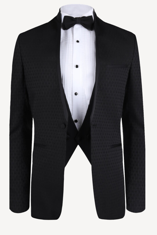 Erkek Siyah Slim Fit Hakim Yaka Yelekli Desenli Damatlık