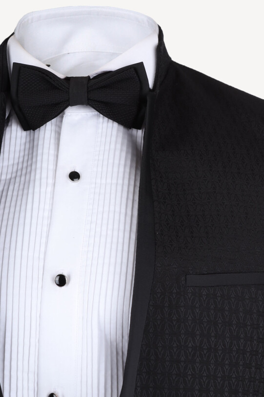 Erkek Siyah Slim Fit Hakim Yaka Yelekli Desenli Damatlık