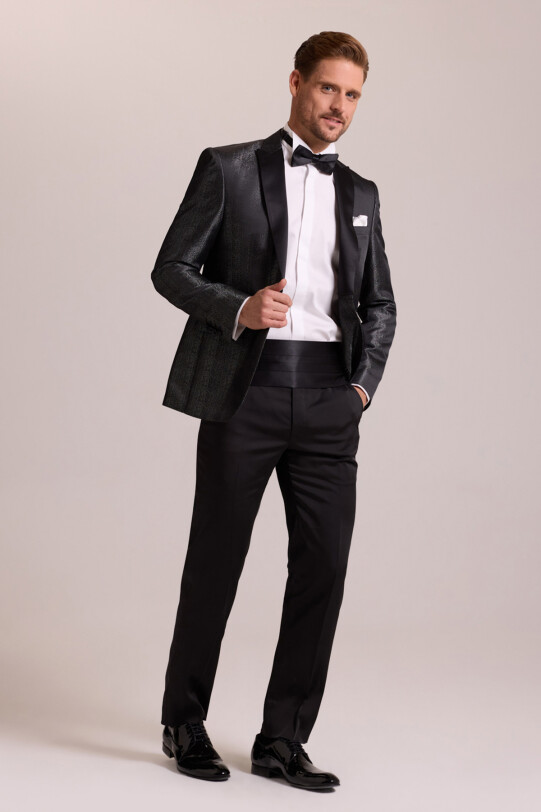 Erkek Siyah Slim Fit Kırlangıç Yaka Desenli Damatlık