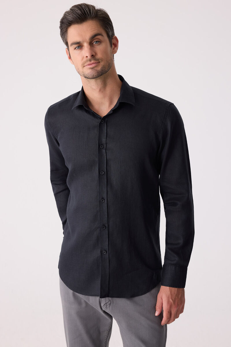 Erkek Siyah Slim Fit Klasik Yaka Keten Gömlek - 1