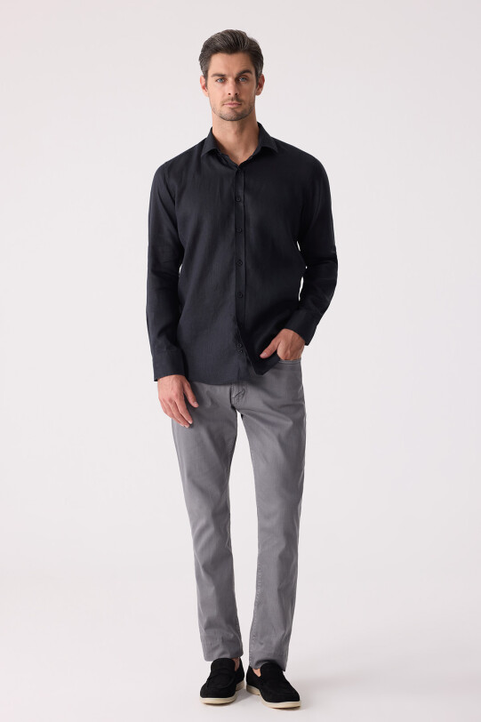 Erkek Siyah Slim Fit Klasik Yaka Keten Gömlek