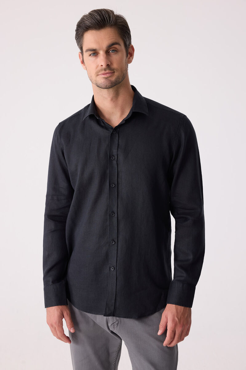 Erkek Siyah Slim Fit Klasik Yaka Keten Gömlek - 4
