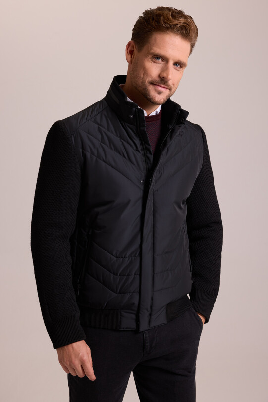 Erkek Siyah Slim Fit Kolu Trikolu Mont