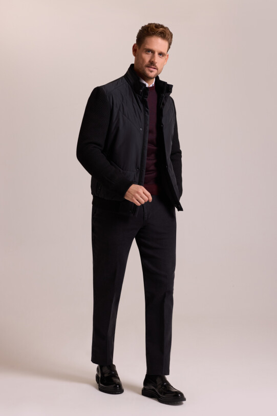 Erkek Siyah Slim Fit Kolu Trikolu Mont