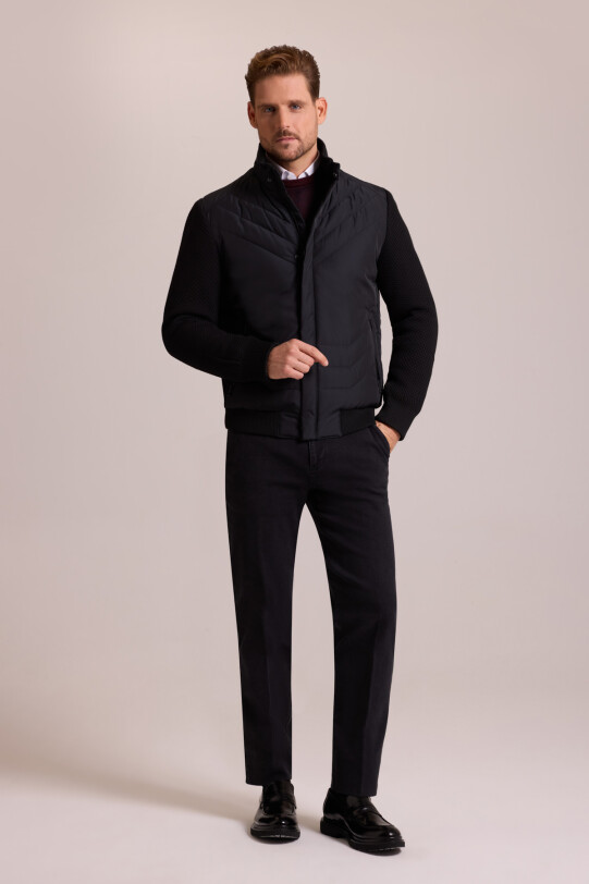 Erkek Siyah Slim Fit Kolu Trikolu Mont