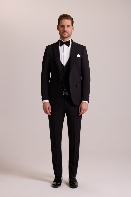 Erkek Siyah Slim Fit Likralı Sivri Yaka Yelekli Damatlık