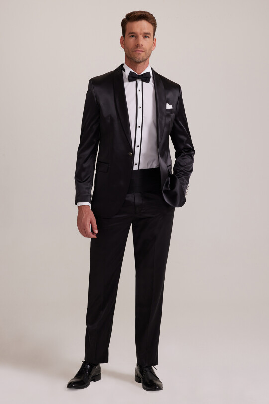 Erkek Siyah Slim Fit Şal Hakim Yaka Damatlık