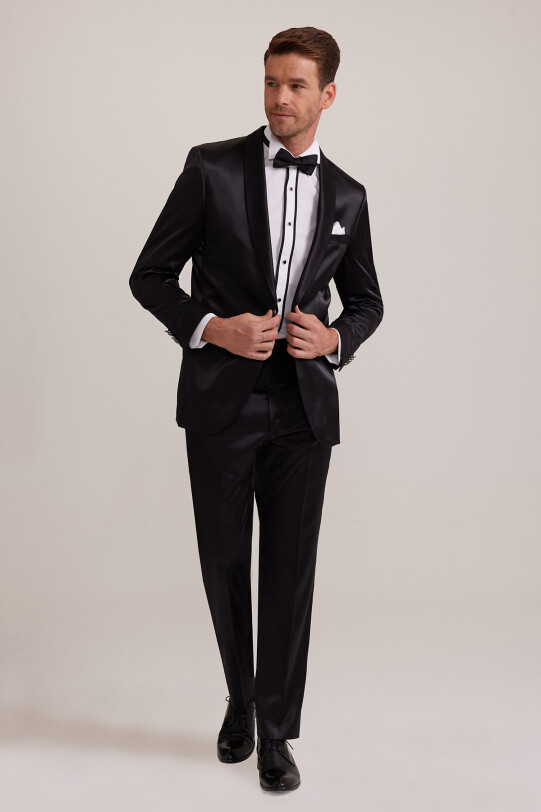 Erkek Siyah Slim Fit Şal Hakim Yaka Damatlık