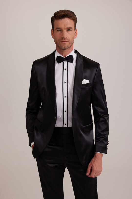 Erkek Siyah Slim Fit Şal Hakim Yaka Damatlık