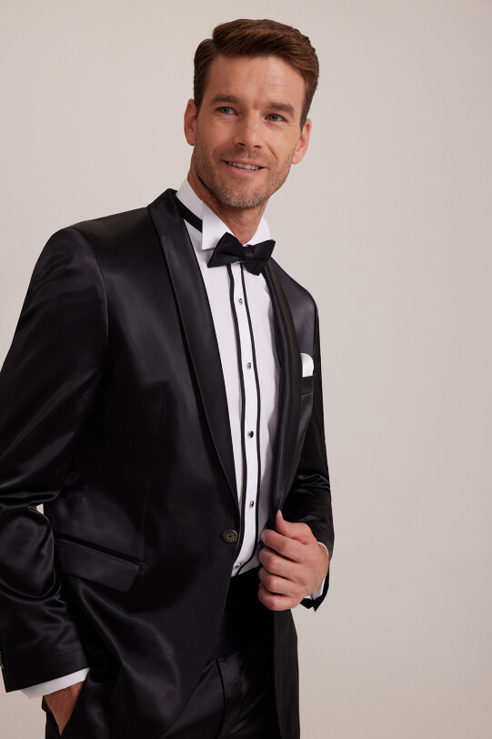 Erkek Siyah Slim Fit Şal Hakim Yaka Damatlık