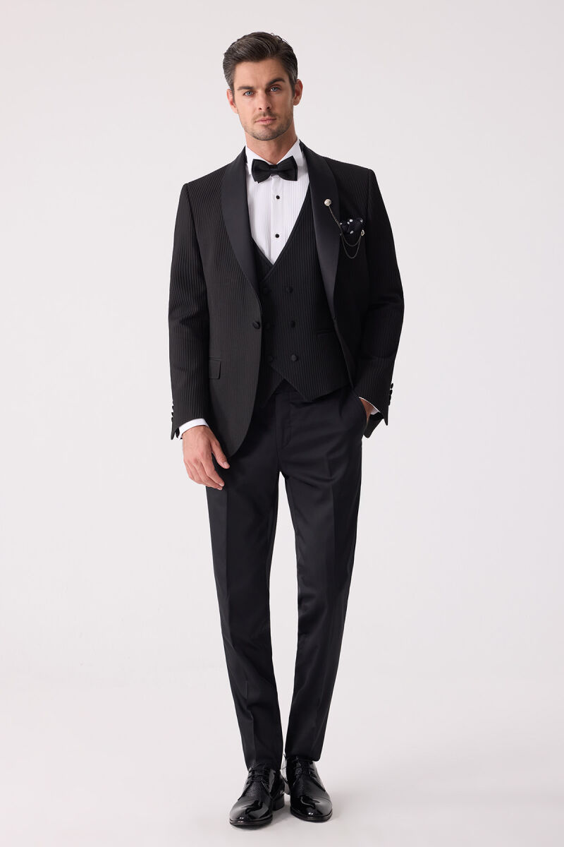 Erkek Siyah Slim Fit Şal Yaka Damatlık - 1