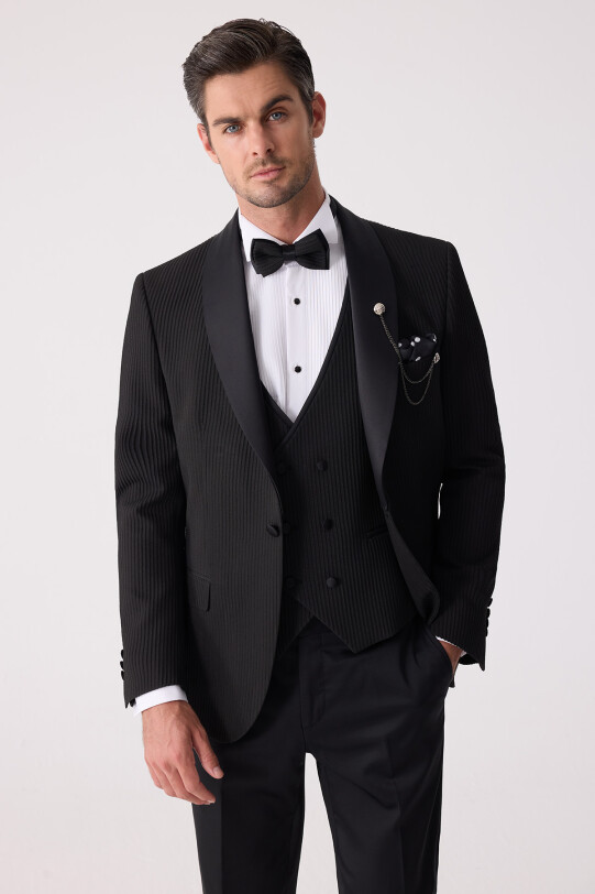 Erkek Siyah Slim Fit Şal Yaka Damatlık