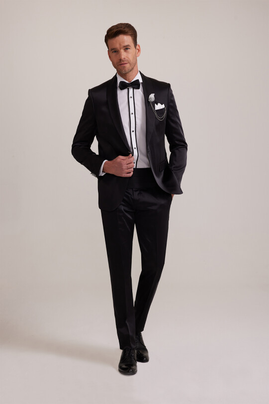 Erkek Siyah Slim Fit Şal Yaka Damatlık