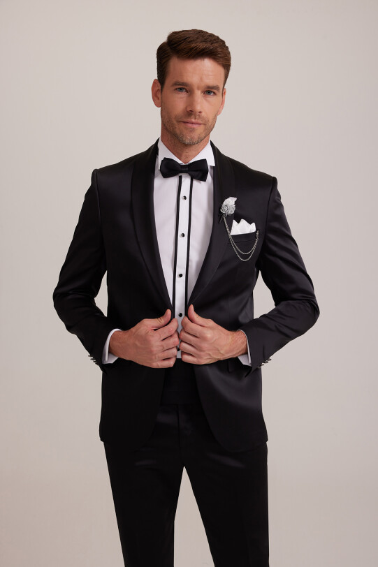 Erkek Siyah Slim Fit Şal Yaka Damatlık