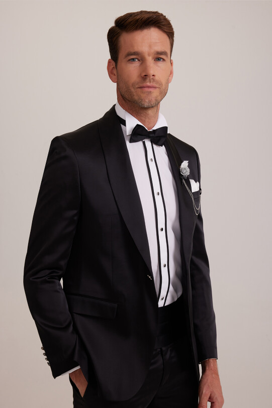 Erkek Siyah Slim Fit Şal Yaka Damatlık